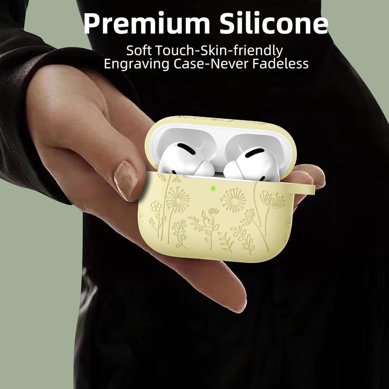 Lerobo for Airpod Pro 2 Case/Airpod Pro Case Cover, Flower Engraved Cute Silicone Skin Full Protective Cover Compatible with Apple Airpods Pro 2nd/1st Generation Case with Keychain, Cream Yellow - Image 4